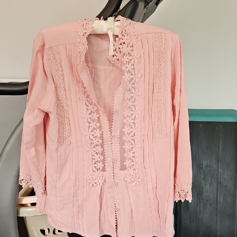 Women's Pink Crochet Trim Cotton Tunic Top